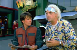L - R: Marty McFly (Michael J. Fox), Doc Brown (Christopher Lloyd)
