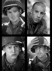 Die kleine Sondereinheit unter Captain Miller kann den Sinn dieses Einsatzes nicht l&auml;nger rechtfertigen: Corporal Upham (Jeremy Davies, oben l.), der Caparzo (Vin Diesel, oben r.), Mellish (Adam Goldberg, unten r.) und der Sanit&auml;ter Wade (Giovanni Ribisi, unten r.) ...
