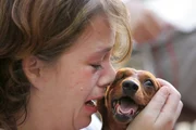 Hurricane Katrina refugee Valerie Bennett, of Slidell, La.,  presses her face to her dog, Lady, after they were reunited at Emory Hospital in Atlanta. She and her husband, Lorne, had to leave behind four of their pets when Lorne, a liver transplant patient, had to be evacuated in the wake of Hurricane Katrina, to a liver specialist for supervision.