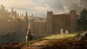 Ein einsamer Reiter nähert sich den gewaltigen Toren einer befestigten Stadt, deren Mauern sich gegen einen wolkenverhangenen Himmel erheben. Ein einsamer Reiter nähert sich den gewaltigen Toren einer befestigten Stadt, deren Mauern sich gegen einen wolkenverhangenen Himmel erheben.