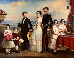 Geschwister der Kaiserin Elisabeth von &Ouml;sterreich auf der Veranda des Schlosses Possenhofen, von links: Sophie (1847-1897), Max Emanuel (Mapperl, 1849-1893), Carl Theodor (Gackel, 1839-1909), Helene (Nen&eacute;, 1834-1890), Ludwig Wilhelm (Louis, 1831-1920), Mathilde (Spatz, 1843-1925) und Marie (1841-1925), Gem&auml;lde von Joseph Karl Stieler, 1855.