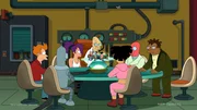 v.li.: Fry, Bender, Leela, Professor Farnsworth, Amy, Zoidberg, Hermes