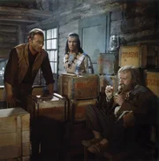 L-R: Old Shatterhand (Lex Barker), Winnetou (Pierre Brice), Sam Hawkens (Ralf Wolter).