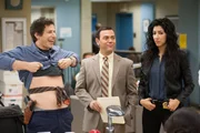 On left: Jake Peralta (Andy Samberg), Charles Boyle (Joe Lo Truglio) and Rosa Diaz (Stephanie Beatriz)