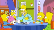 Diskutieren die j&uuml;ngsten Ereignisse in Springfield am Fr&uuml;hst&uuml;ckstisch: Marge (2.v.l.), Homer (M.), Lisa (2.v.r.) und Bart (r.). Nur Baby Maggie (l.) schweigt wie &uuml;blich ...