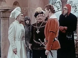 Der Koch des K&ouml;nigs (Stanislav Neumann), die verkleidete Prinzessin Lada und der junge, edle Prinz (Josef Z&iacute;ma).