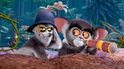 King Julien (l.) und Maurice müssen sich nun, da Flora fort ist, allein gegen den Angriff der Fossa verteidigen.