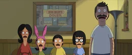 Linda Belcher (voiced by John Roberts), Louise Belcher (voiced by Kristen Schaal), Gene Belcher (voiced by Eugene Mirman), Tina Belcher (voiced by Dan Mintz), and Bob Belcher (voiced by H. Jon Benjamin) in 20th Century Studios' THE BOB'S BURGERS MOVIE. Photo courtesy of 20th Century Studios. &copy; 2022 20th Century Studios. All Rights Reserved.