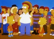 Homer (Mi.) geht mit Lisa (re.) und Bart (li.) zu einem Open-Air-Konzert.