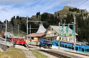 In Rigi Staffel teilt sich die Strecke. Die roten Züge fahren nach Vitznau, die blauen nach Goldau. In Rigi Staffel teilt sich die Strecke. Die roten Züge fahren nach Vitznau, die blauen nach Goldau.
