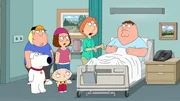 Nach einem missglückten Fallschirmsprung machen sich Lois (2.v.r.), Chris (l.), Meg (2.v.l.), Stewie (vorne r.) und Brian (vorne l.) Sorgen um Peter (r.) ...