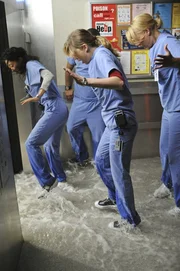 Das Krankenhaus sieht sich vor einer Katastrophe: Eine Wasserleitung ist gebrochen und setzt nach und nach das Krankenhaus unter Wasser. Cristina (Sandra Oh, l.), Alex (Justin Chambers, 2.v.l.), Meredith (Ellen Pompeo, 2.v.r.) und Izzie (Katherine Heigl, r.) ...