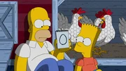 Homer (l.) ist hat bei den Flanders ganz wunderbar orange Fr&uuml;hst&uuml;ckseier gesehen. Um selbst in den Genuss davon zu kommen, geht er mit Bart (r.) auf einer Jagd ...