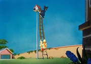 Mit Hilfe einer Leiter will Tom das Vogelnest pl&uuml;ndern, doch pl&ouml;tzlich f&auml;ngt diese Feuer.