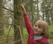 Leo erkundet das Moos im Wald.