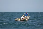 Eric Young and Jory Pearson pulling in the shark into the boat.
