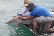 Eric Young and Jory Pearson holding shark in the boat.