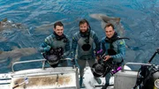 Mark Romanov, Forrest Galante and John Harrington III on the edge of the boat in their HECS suits. Mark Romanov, Forrest Galante and John Harrington III on the edge of the boat in their HECS suits.