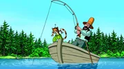 Findus hofft, dass Pettersson endlich einen dicken Fisch an der Angel hat. Findus hofft, dass Pettersson endlich einen dicken Fisch an der Angel hat.
