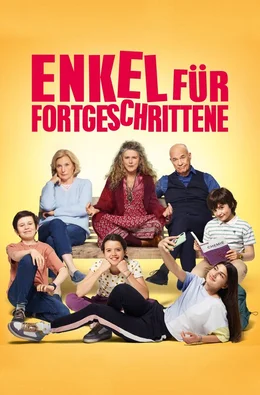 ARD Degeto ENKEL F&Uuml;R FORTGESCHRITTENE, am Montag (16.06.25) um 20:15 Uhr und um 02:05 Uhr im ERSTEN. Plakat - Hinten v. li. n. re.: Karin (Maren Kroymann), Philippa (Barbara Sukowa) und Gerhard (Heiner Lauterbach),  Vorne v. li. n. re.: Viktor (Bruno Gr&uuml;ner), Emma (Romy Baur), Jacky (Chiara Kitsopoulou) und Noah (Linus von Emhofen)