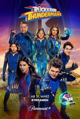 Vorne, v.li.: Phoebe Thunderman (Kira Kosarin), Max Thunderman (Jack Griffo). Hinter, v.li.: Dr. Colosso, Nora Thunderman (Addison Riecke), Hank Thunderman (Chris Tallman), Chloe Thunderman (Maya Le Clark), Barbara "Barb" Thunderman (Rosa Blasi), Billy Thunderman (Diego Velazquez).