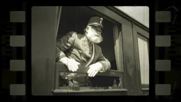 Kaiser Franz Joseph I. am Waggonfenster.