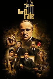 Plakat - Don Vito Corleone (Marlon Brando, oben) vom bettelarmen sizilianischen Einwanderer zum m&auml;chtigen Gangsterboss in New York aufgestiegen, hat mit kriminellen Mitteln ein Riesenverm&ouml;gen erworben. F&uuml;r seine vielk&ouml;pfige Familie und f&uuml;r Hilfe suchende Landsleute ist er ein verehrter Patriarch.