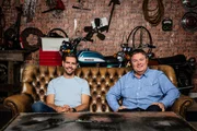 Mike Brewer and Marc 'Elvis' Priestley at the Wheeler Dealers Dream Car garage.