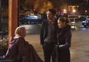 L - R: Debra Macall (Sofia Vassilieva), Lucifer Morningstar (Tom Ellis), Chloe Decker (Lauren German)