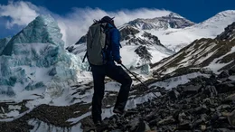 Sid Pattison gazes at Mount Everest from the Northeast Fork of the Rongbuk Glacier while he and Jake Norton were searching for the 1924 Camp 2.