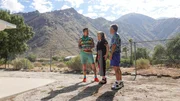 From left to right: host David Bromstad, Marlene Adelman and Kenny Yourist explore backyard of House 1, Tahquitz Rim