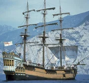 Die Schatzinsel ist erreicht. Die "Hispaniola" gleitet in die Ankerbucht. Die Schatzinsel ist erreicht. Die "Hispaniola" gleitet in die Ankerbucht.