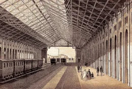 Die erste Ansicht des neuen Wiener Westbahnhofes, der f&uuml;r die Kaiserin Elisabeth Bahn 1860 erbaut wurde.