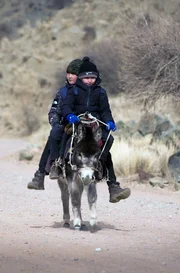 Sherali (vo.) und Ali (hi.) reiten auf ihrem Esel, um den eineinhalb Stunden dauernden Schulweg zu meistern. Sherali (vo.) und Ali (hi.) reiten auf ihrem Esel, um den eineinhalb Stunden dauernden Schulweg zu meistern.