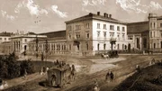Die erste Ansicht des neuen Westbahnhofes von au&szlig;en, der f&uuml;r die Kaiserin Elisabeth Bahn 1860 erbaut wurde.