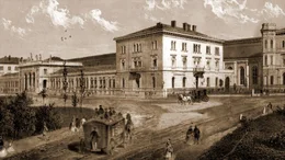 Die erste Ansicht des neuen Westbahnhofes von au&szlig;en, der f&uuml;r die Kaiserin Elisabeth Bahn 1860 erbaut wurde.