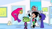 v.li.: Starfire, Beast Boy, Cyborg, Robin, Raven