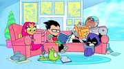 v.li.: Starfire, Beast Boy, Robin, Cyborg, Raven