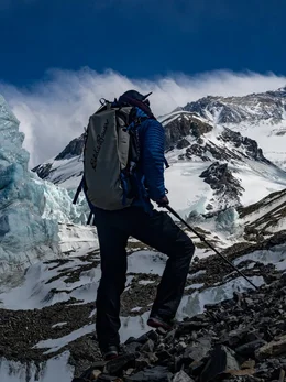 Sid Pattison gazes at Mount Everest from the Northeast Fork of the Rongbuk Glacier while he and Jake Norton were searching for the 1924 Camp 2.