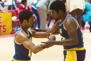 l-r: Earvin "Magic" Johnson (Quincy Isaiah), Kareem Abdul-Jabbar (Solomon Hughes)