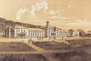 Die erste Ansicht des Salzburger Bahnhofes, der f&uuml;r die Kaiserin Elisabeth Bahn 1860 erbaut wurde.