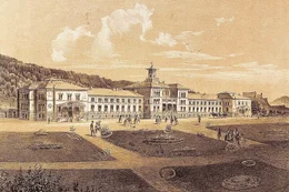 Die erste Ansicht des Salzburger Bahnhofes, der f&uuml;r die Kaiserin Elisabeth Bahn 1860 erbaut wurde.