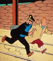 Tim, Struppi, Kapit&auml;n Haddock und Professor Bienlein befinden sich auf dem Weg zum Raumfahrtkongress in Sydney.