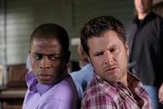 PSYCH -- "The Greatest Adventure in the History of Basic Cable" -- Pictured: (l-r) Dule Hill as Burton "Gus" Guster, James Roday as Sean Spencer -- USA Network Photo: Alan Zenuk