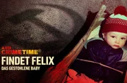 Bildcollage Keyvisual mit Text: Kind im Kinderwagen vor dem Schatten von Hammer und Sichel auf Asphalt. Findet Felix - Das gestohlene Baby. Wichtigste Spur im Vermisstenfall Felix.