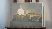 Blick auf die Basilika Santa Maria della Salute, gemalt von Laura Lo Verso. Sie liebt die venezianische Veduten mit Wasser der Lagune im Bild.