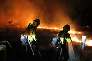 Feuerwehrleute führen außerhalb von Salinas, Kalifornien, eine Brandbekämpfung durch, um Häuser vor dem River Fire zu schützen. Feuerwehrleute führen außerhalb von Salinas, Kalifornien, eine Brandbekämpfung durch, um Häuser vor dem River Fire zu schützen.