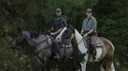 Phil T. and Heather A. ride horses through the forest.