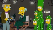 Um eine virtuelle Version seiner Familie nachzustellen, heuert Mr. Burns (2.v.l.) Lisa (3.v.l.), Maggie (3.v.r.), Marge (2.v.r.) und Bart (r.) an, doch diese hatten sich die Aufgabe etwas anders vorgestellt ...
