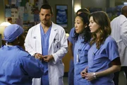 Alle sind erleichtert, als Miranda (Chandra Wilson, l.) ihnen schlie&szlig;lich die gute Nachricht &uuml;berbringt, dass Derek den Tumor aus Izzies Gehirn entfernen konnte. Miranda erteilt Meredith (Ellen Pompeo, r.), Cristina (Sandra Oh, 2.v.r.), Alex (Justin Chambers, 2.v.r.) und George jedoch einen R&uuml;ffel und fordert sie dazu auf, sich in Zukunft besser um Izzie zu k&uuml;mmern ....